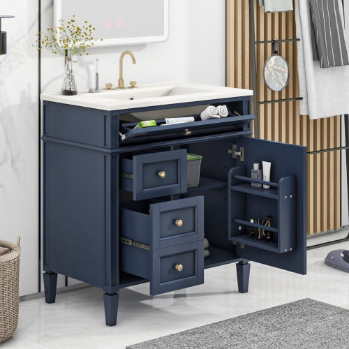 Bathroom Vanity with Sink, Solid Wood MDF, Modern Storage Cabinet with Tip-out Drawer, Amber Storage System, Soft Close Drawers, Blue