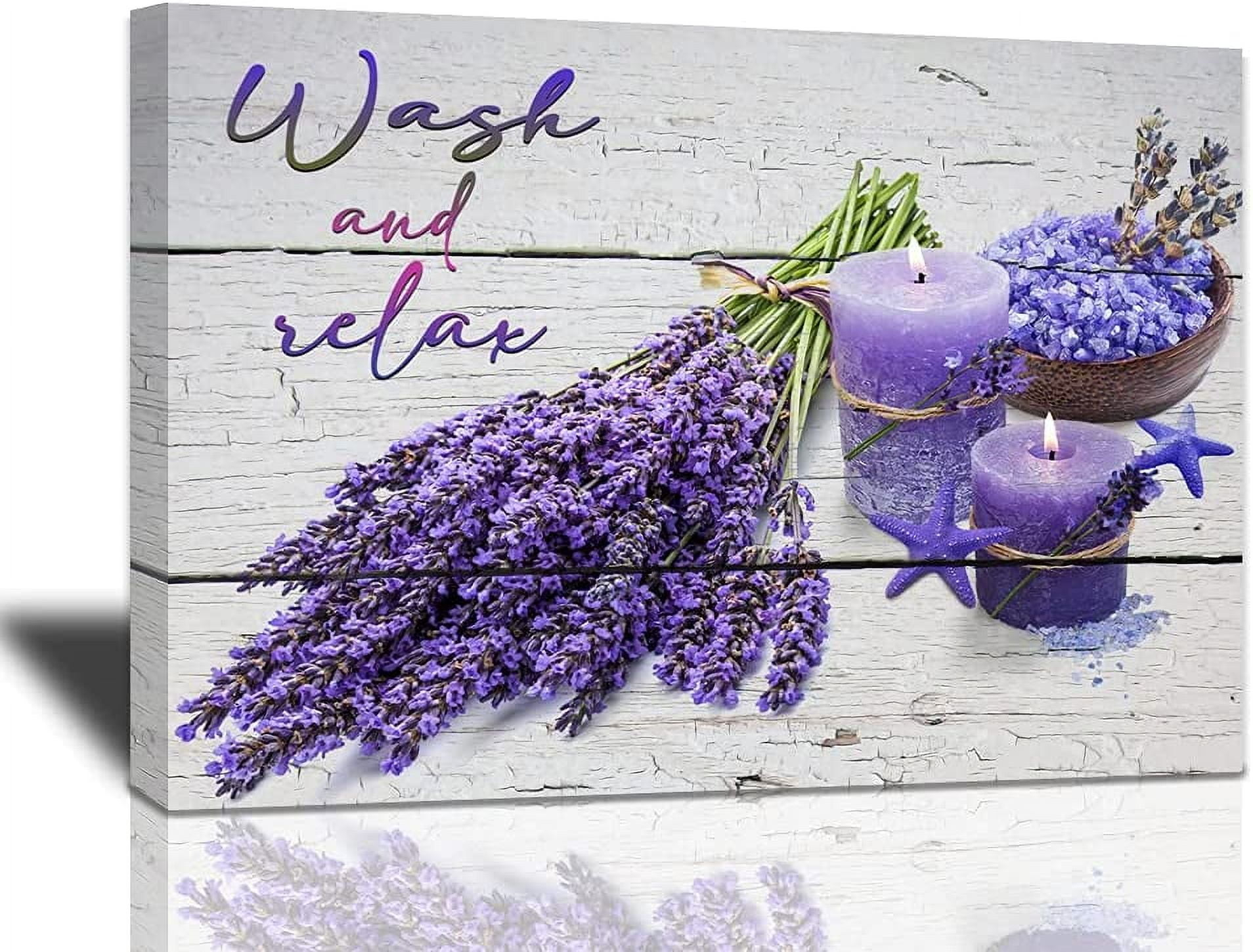 Bathroom Wall Art Lavender Pictures Purple Bathroom Decor Flower Canvas Print Wall Decor Farmhouse Bathroom Decor Wall Art Purple Candles and Lavender Painting Framed Modern Home Artwork Large 16"x12"