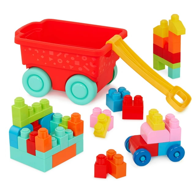 Battat Red Builder’s Wagon with 40+ Building Plastic Blocks, Toddler and Preschool Toys
