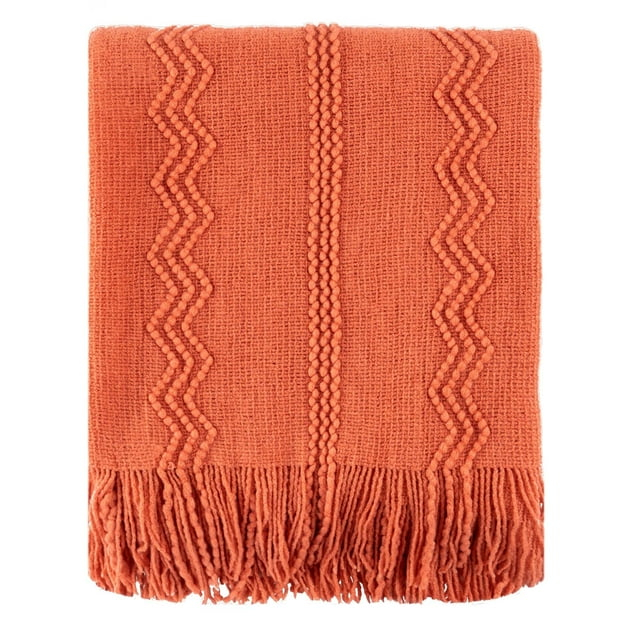 Battilo Orange Throw Blanket with Fringe Geometric Bed Salmon Knit Throws for Couch,Fall Blanket,50"x60"