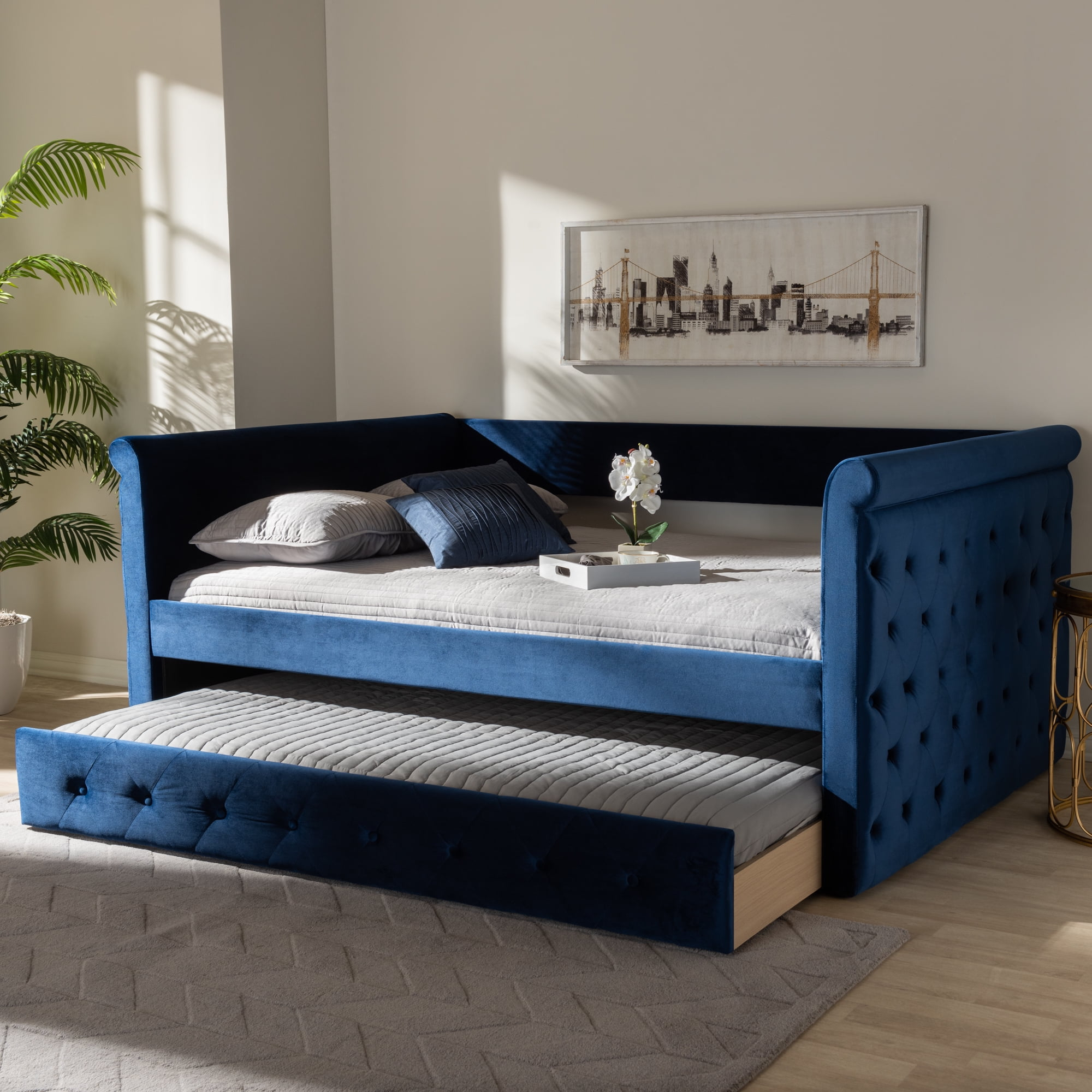 Baxton Studio Amaya Modern and Contemporary Navy Blue Velvet Fabric Upholstered Queen Size Daybed with Trundle