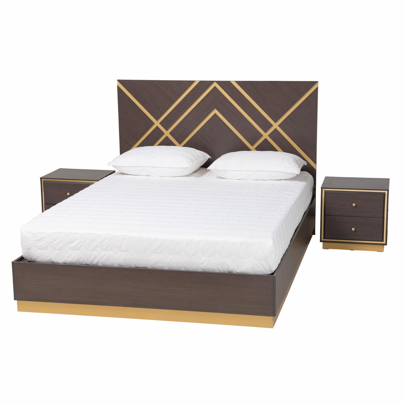 Baxton Studio Arcelia Dark Brown and Gold Wood Queen Size 3-Piece Bedroom Set