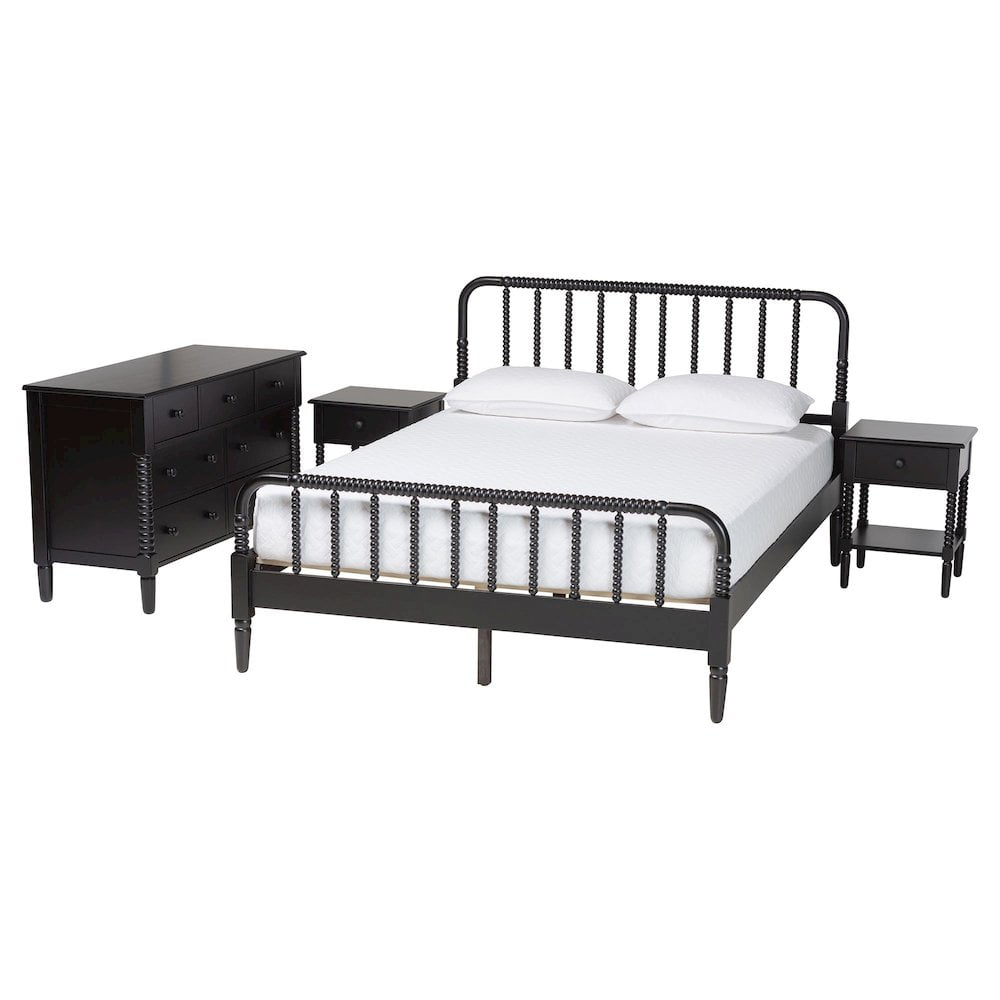 Baxton Studio Braith Farmhouse Black Spindle Wood Queen Size 4-Piece Bedroom Set