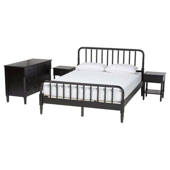 Baxton Studio Braith Farmhouse Black Spindle Wood Queen Size 4-Piece Bedroom Set