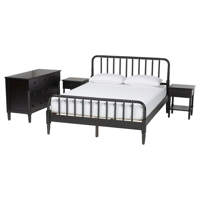 Baxton Studio Braith Farmhouse Black Spindle Wood Queen Size 4-Piece Bedroom Set