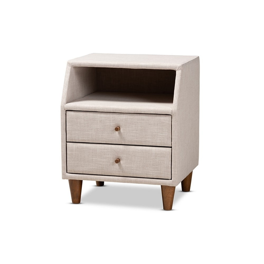 Baxton Studio Claverie Mid-Century Modern Beige Fabric Upholstered 2-Drawer Wood Nightstand