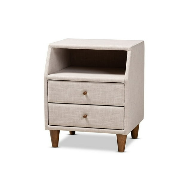 Baxton Studio Claverie Mid-Century Modern Beige Fabric Upholstered 2-Drawer Wood Nightstand
