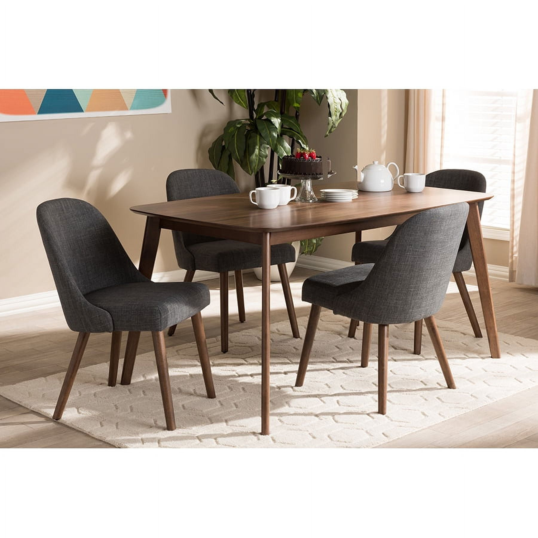 Baxton Studio Cody Mid-Century Modern Fabric Upholstered Walnut Finished Wood 5-Piece Dining Set, Multiple Colors