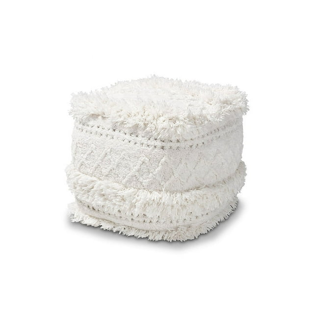 Baxton Studio Curlew Moroccan Inspired Ivory Handwoven Cotton Pouf Ottoman