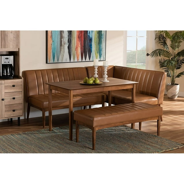Baxton Studio Daymond Mid-Century Modern Tan Faux Leather Upholstered and Walnut Brown Finished Wood 4-Piece Dining Nook