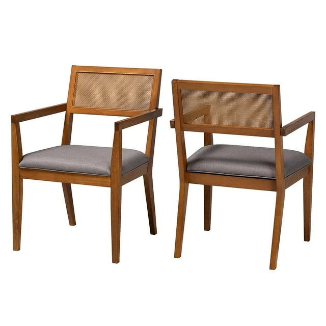 Baxton Studio Emilia Grey Fabric and Brown Wood 2-Piece Arm Chair with Rattan