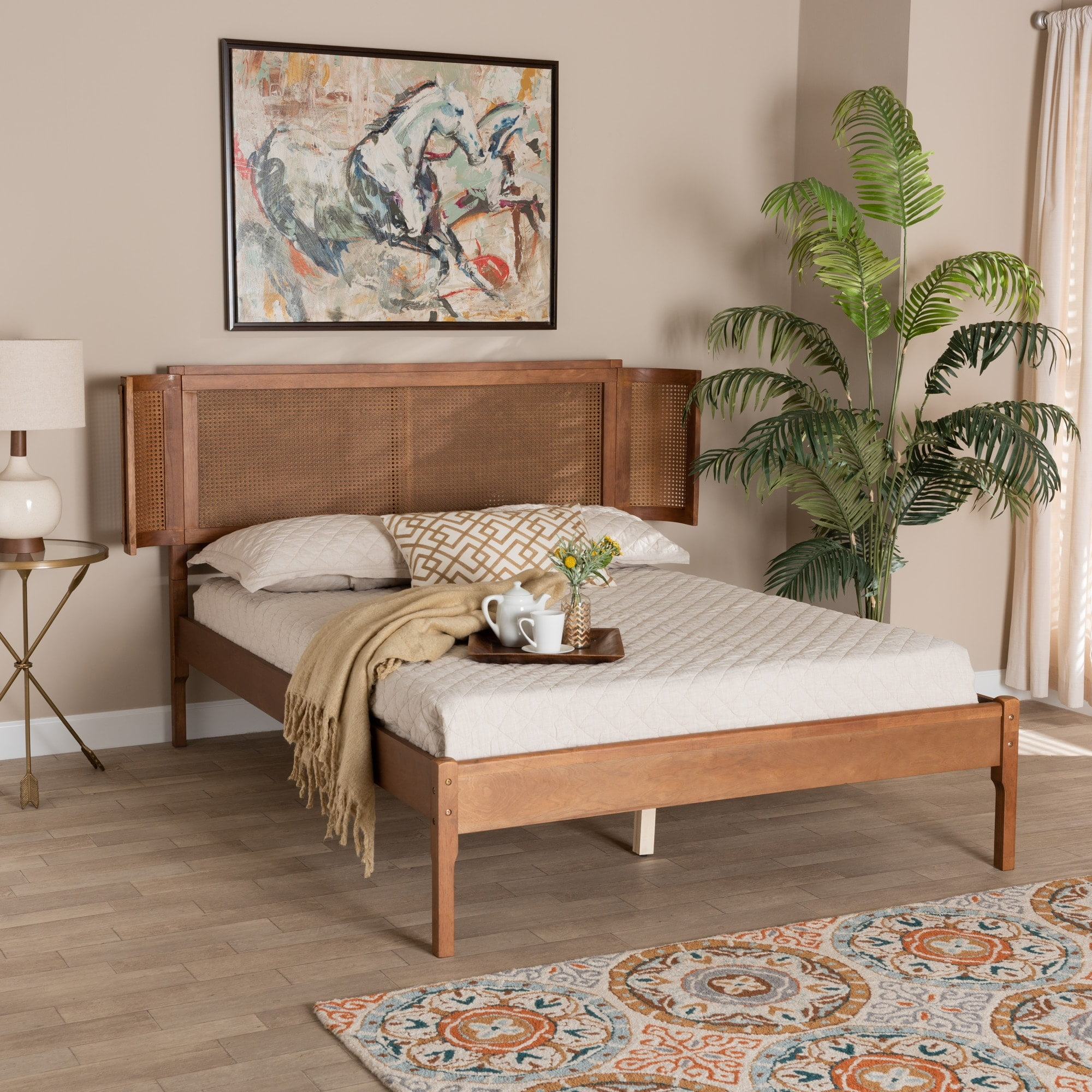 Baxton Studio Eridian Mid-Century Modern Walnut Brown Finished Wood and Natural Rattan Platform Bed Queen
