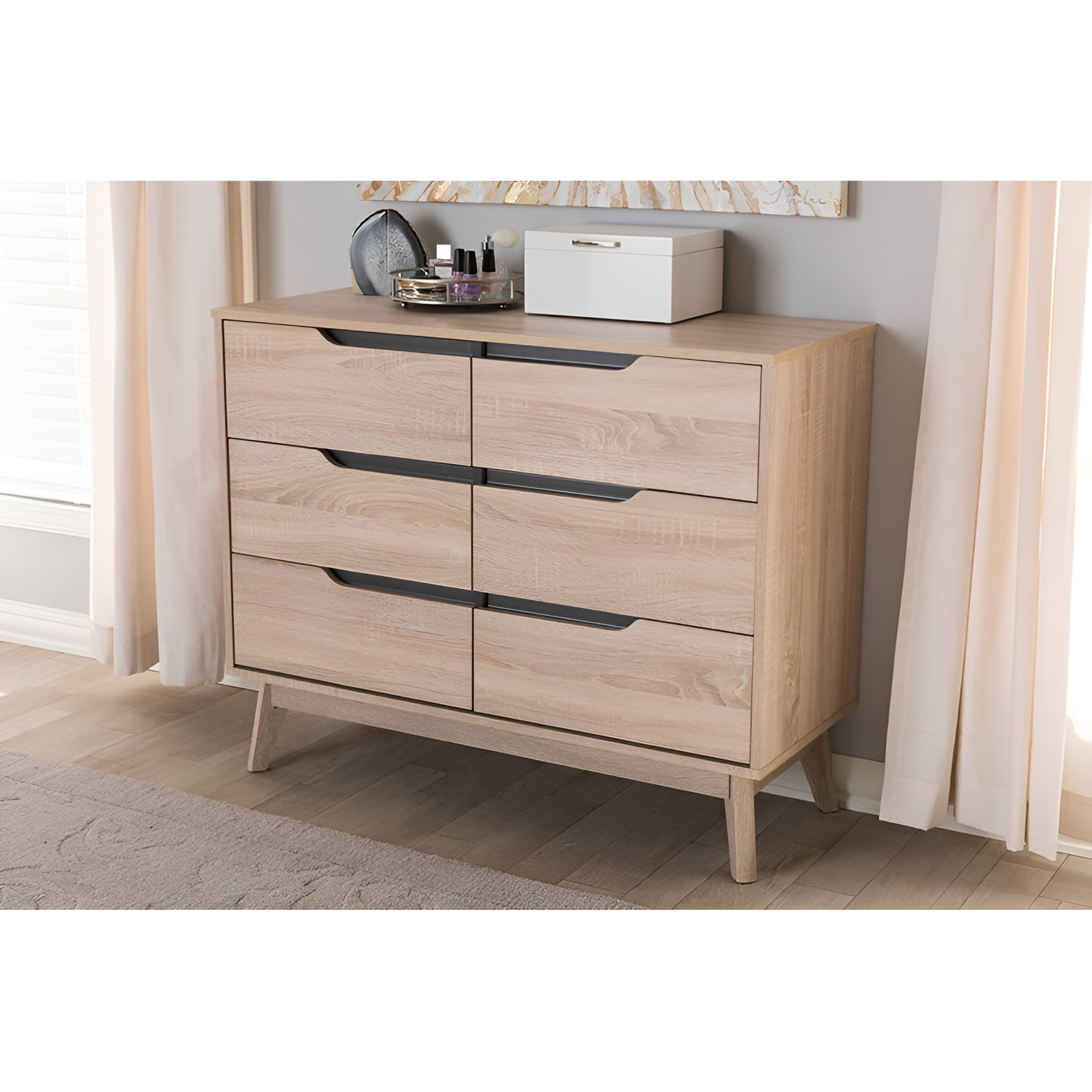 Baxton Studio Fella Mid-Century Modern Two-Tone Oak and Grey Wood 6-Drawer Dresser