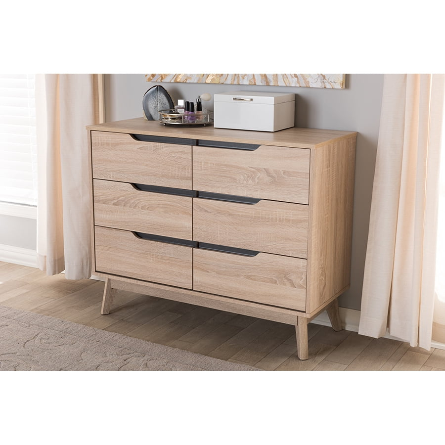 Baxton Studio Fella Mid-Century Modern Two-Tone Oak and Grey Wood 6-Drawer Dresser