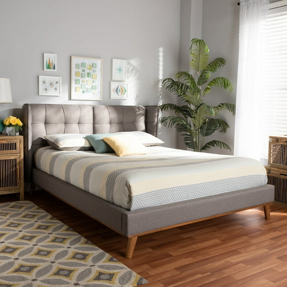 Baxton Studio Gretchen Modern and Contemporary Grey Fabric Upholstered and Walnut Brown Finished Wood Queen Size Platform Wingback Bed