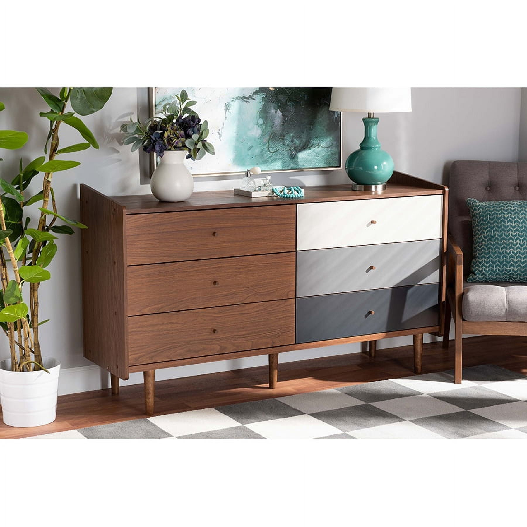 Baxton Studio Halden Mid-Century Modern Multicolor Walnut Brown and Grey Gradient Finished Wood 6-Drawer Dresser