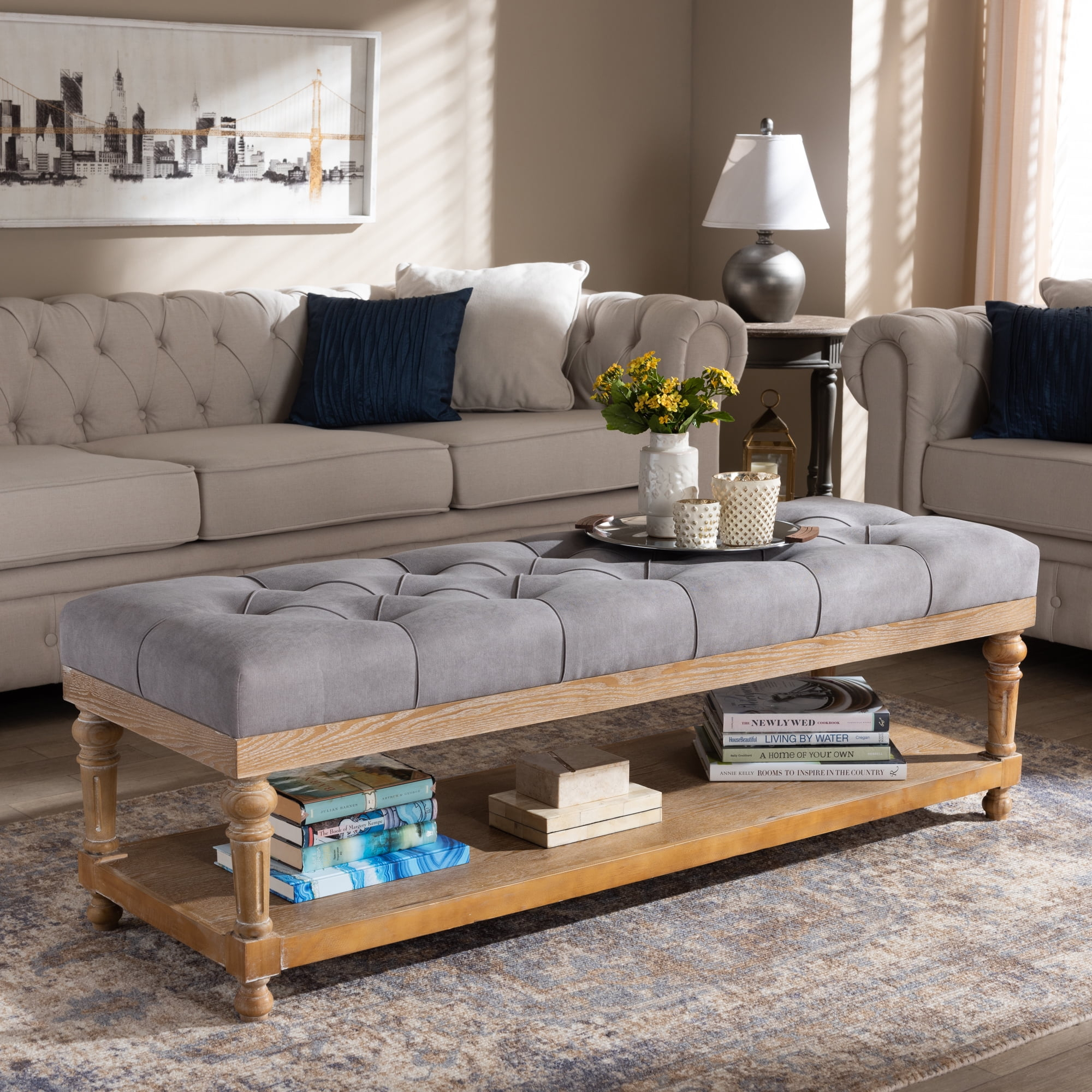 Baxton Studio Linda Upholstered Wood Bench with Shelf, Gray