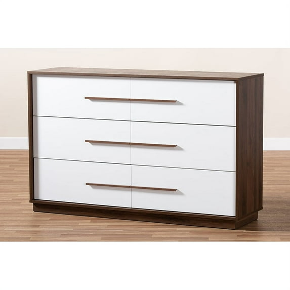 Baxton Studio Mette Mid-Century Modern White and Walnut Finished 6-Drawer Wood Dresser