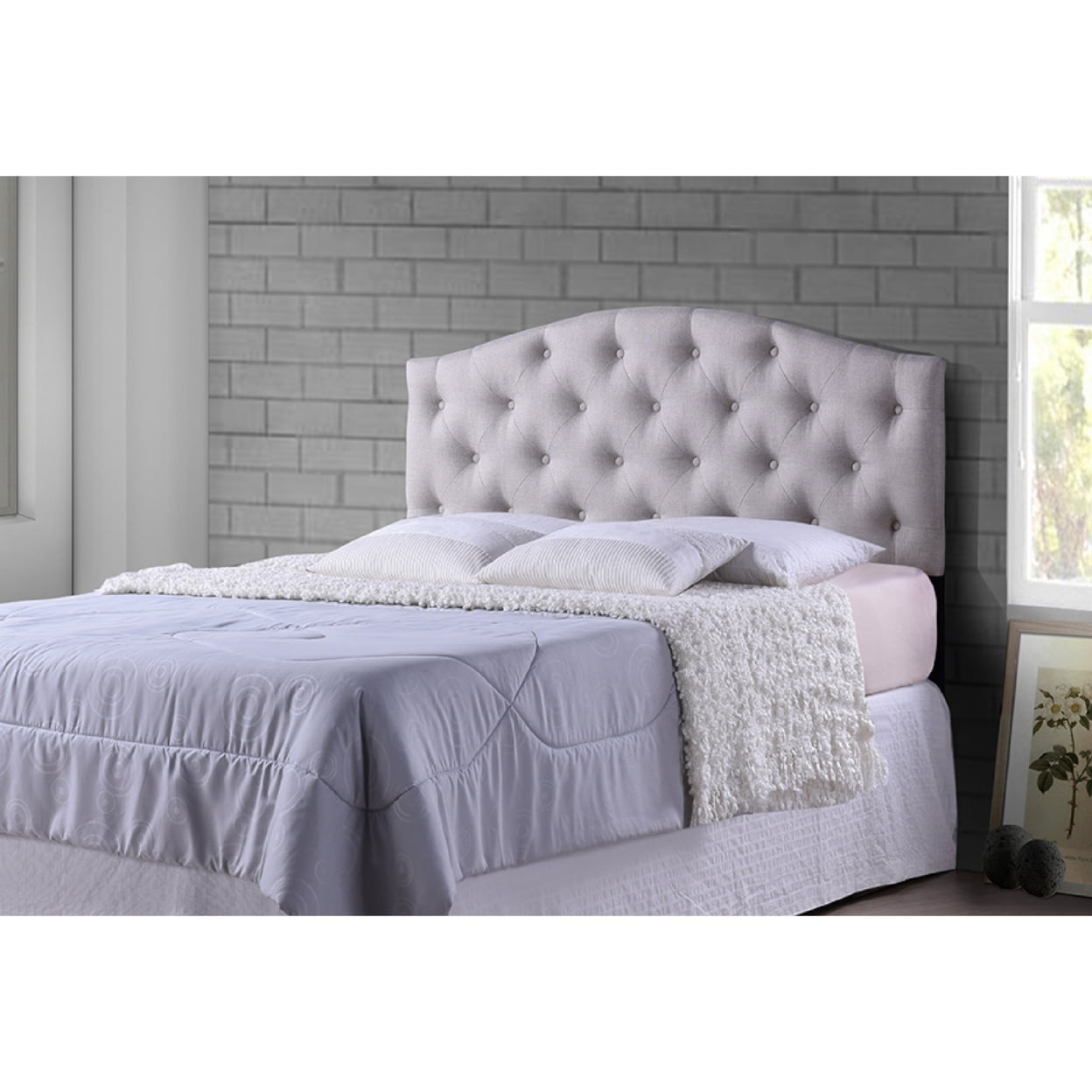 Baxton Studio Myra Modern and Contemporary Queen Size Light Beige Fabric Upholstered Button-tufted Scalloped