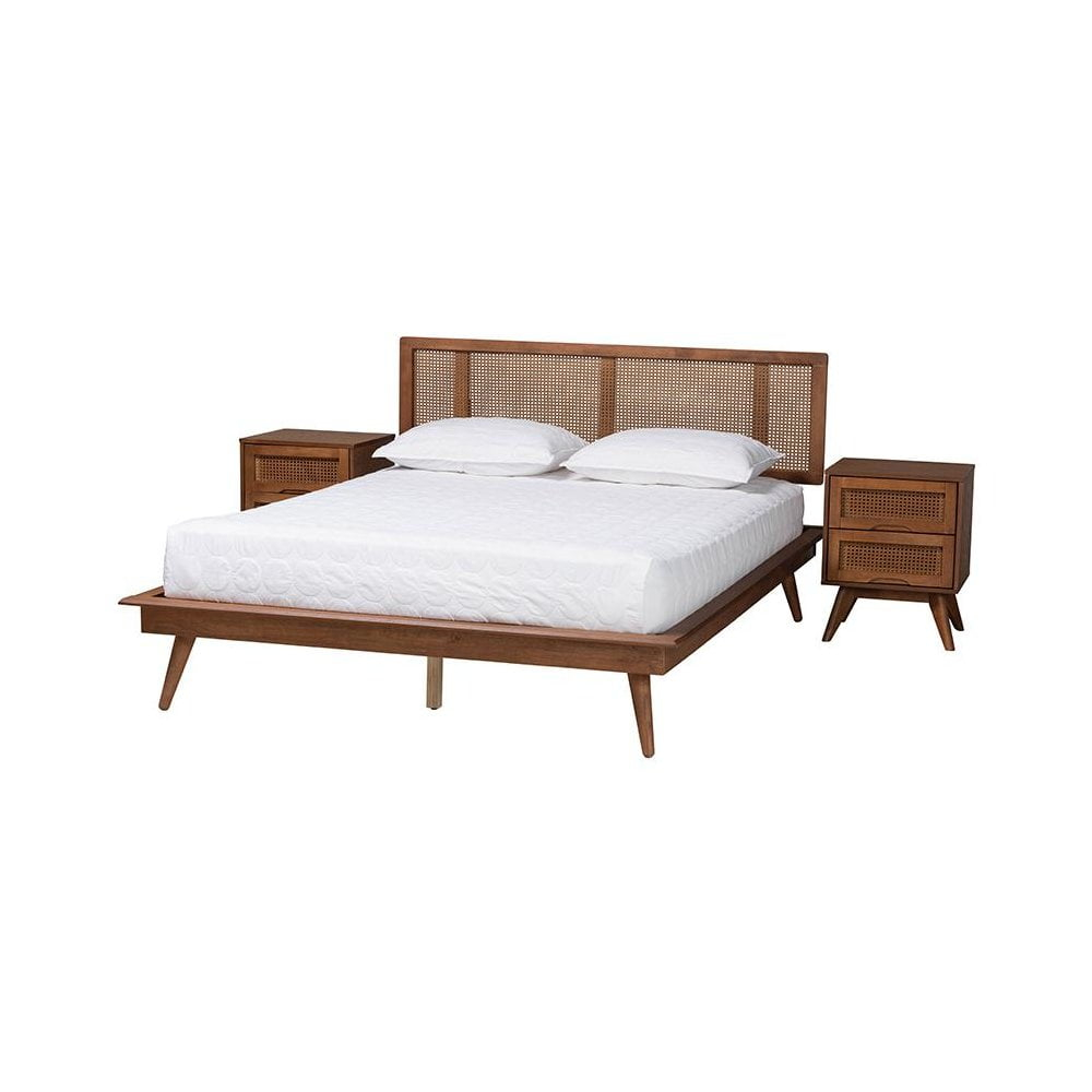Baxton Studio Nura Walnut Brown Wood and Rattan King Size 3-Piece Bedroom Set