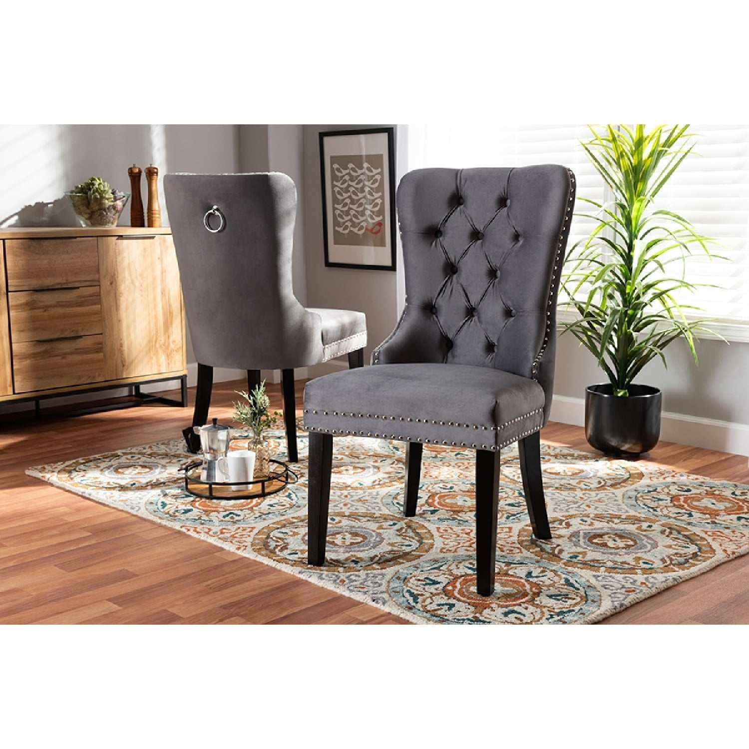 Baxton Studio Remy Modern Transitional Grey Velvet Fabric Upholstered Espresso Finished 2-Piece Wood Dining Chair Set