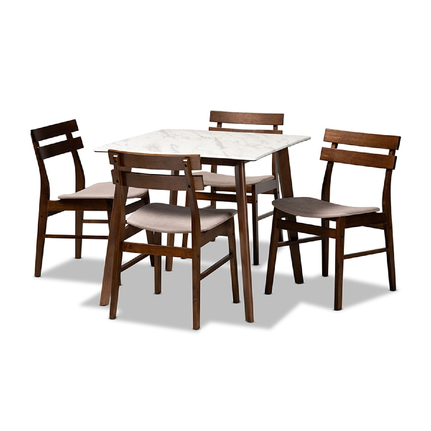 Baxton Studio Richmond Mid-Century Modern Beige Upholstered and Walnut Brown Finished Wood 5-Piece Dining Set with Faux