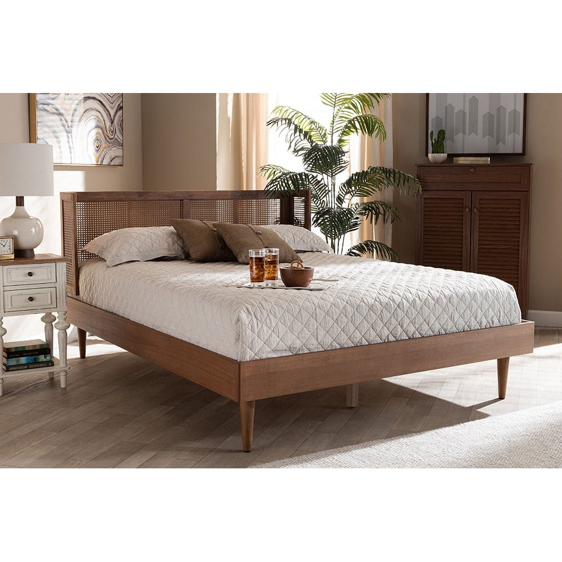 Queen Rina Wood Platform Bed with Headboard Ash Walnut - Baxton Studio: Mid-Century Modern Design, Synthetic Rattan Panel