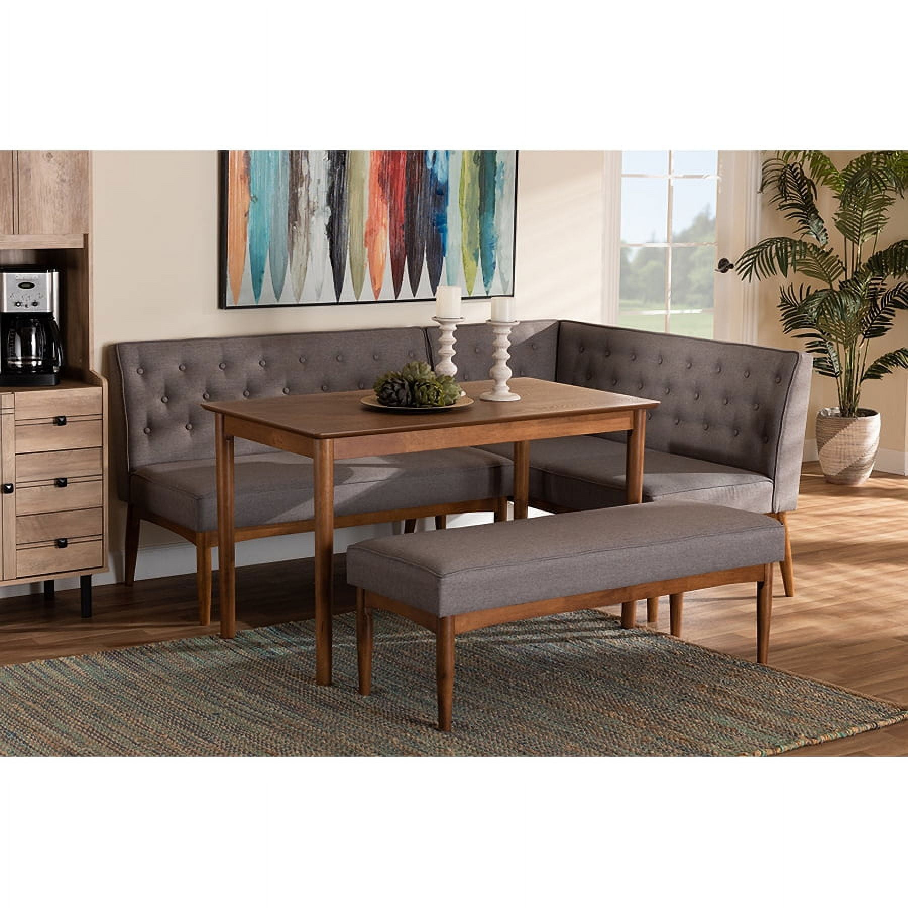 Baxton Studio Riordan Mid-Century Modern Grey Fabric Upholstered and Walnut Brown Finished Wood 4-Piece Dining Nook Set