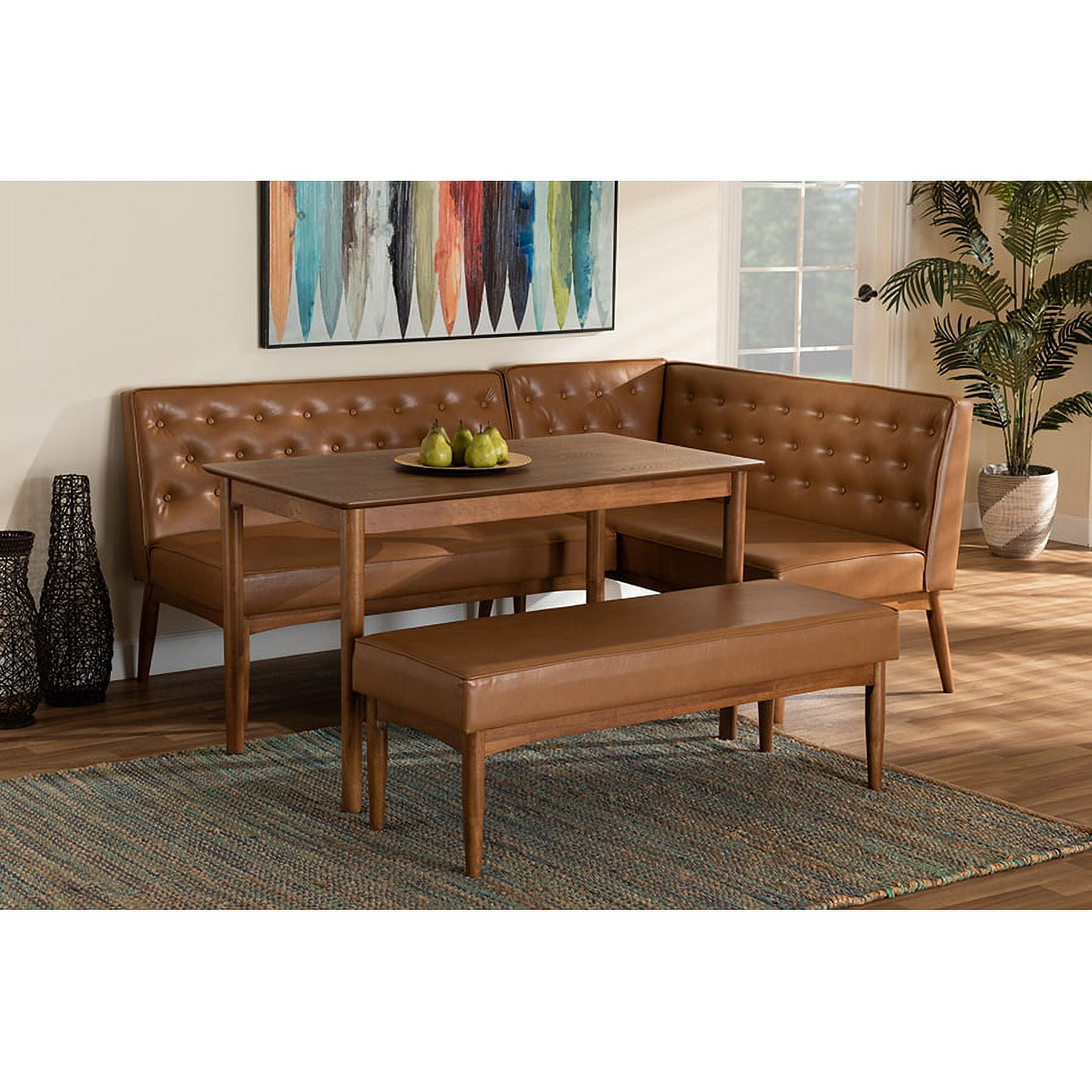 Baxton Studio Riordan Mid-Century Modern Tan Faux Leather Upholstered and Walnut Brown Finished Wood 4-Piece Dining Nook Set