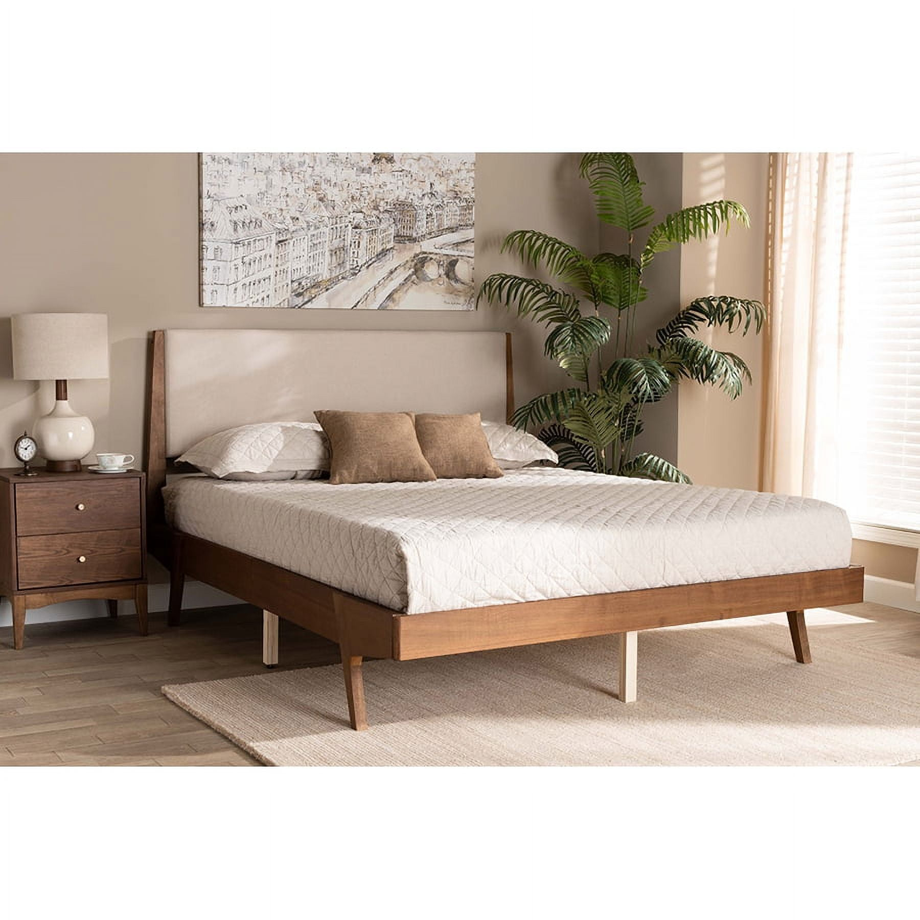 Baxton Studio Senna Mid-Century Modern Beige Fabric Upholstered and Walnut Brown Finished Wood Queen Size Platform Bed