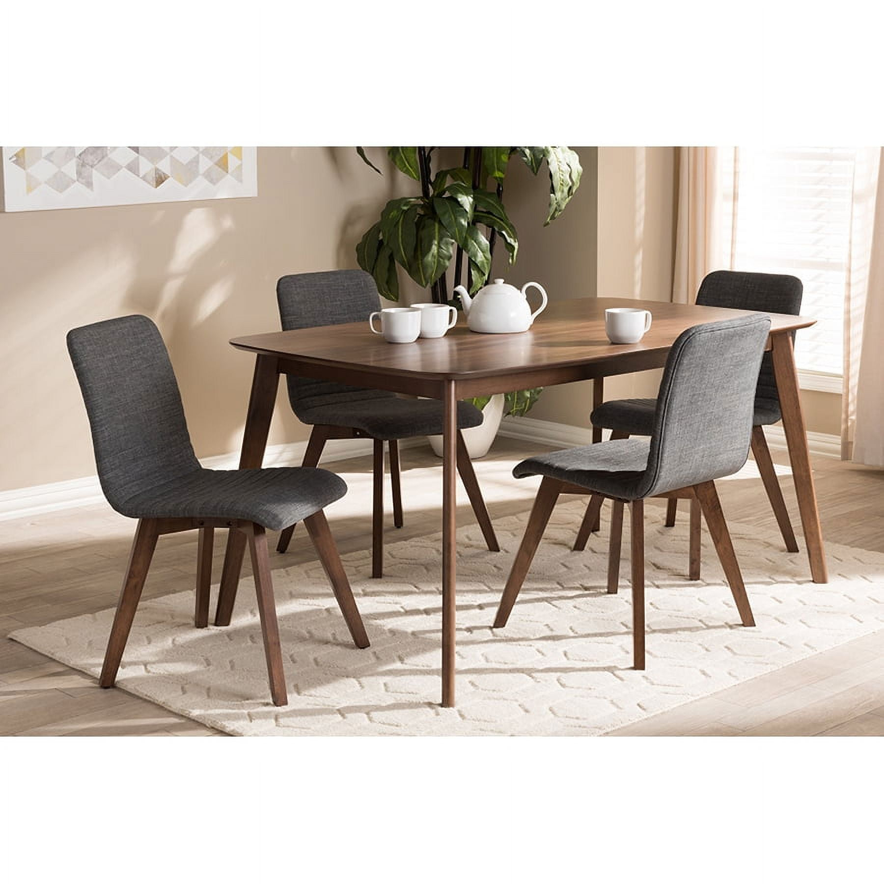Baxton Studio Sugar Mid-Century Modern Fabric Upholstered Walnut Wood Finished 5-Piece Dining Set, Multiple Colors