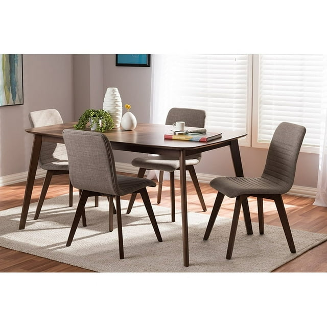 Baxton Studio Sugar Mid-Century Modern Fabric Upholstered Walnut Wood Finished 5-Piece Dining Set, Multiple Colors