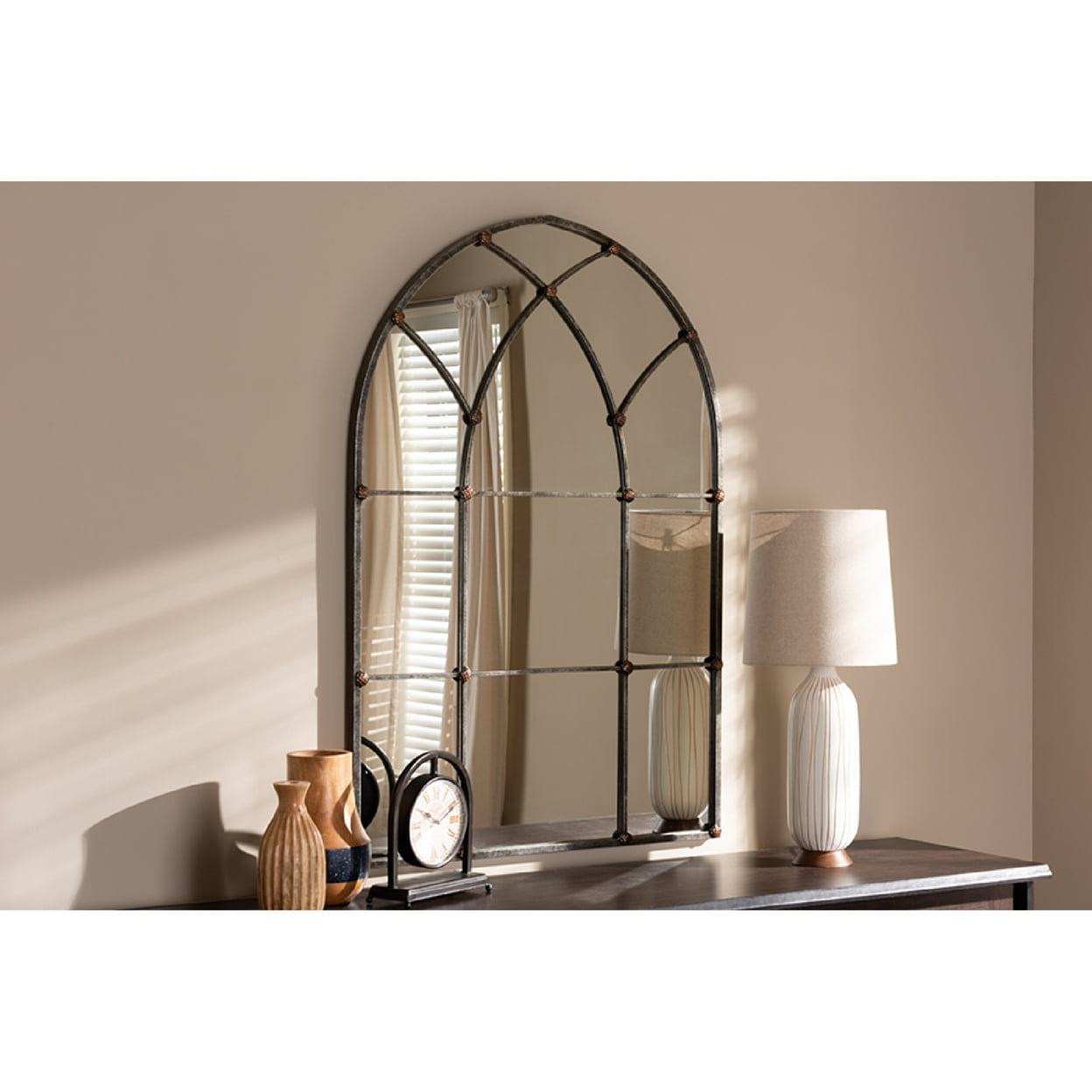 Baxton Studio Tova Vintage Farmhouse Antique Silver Finished Arched Window Accent Wall Mirror,Wholesale Interiors