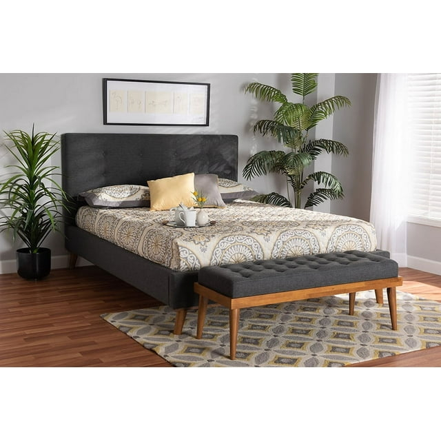 Baxton Studio Valencia Mid-Century Modern Dark Grey Fabric Upholstered Queen Size 2-Piece Bedroom Set