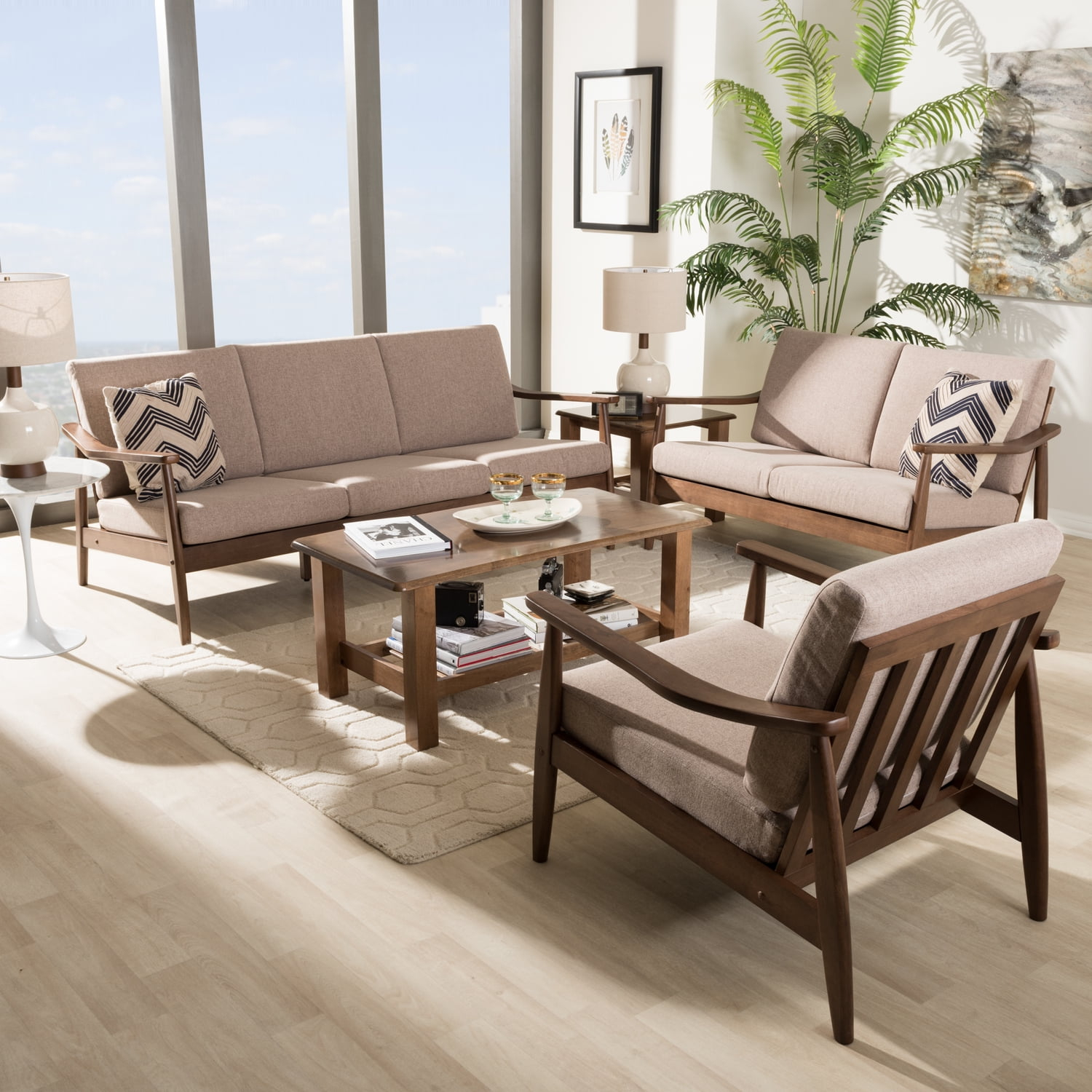 Venza Mid-Century Modern Walnut Wood Light Brown Fabric Upholstered 3-Piece Livingroom Set