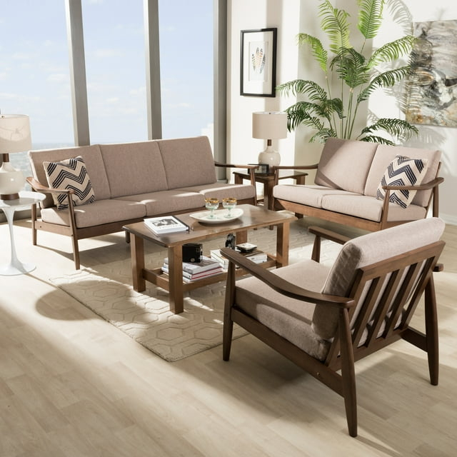 Venza Mid-Century Modern Walnut Wood Light Brown Fabric Upholstered 3-Piece Livingroom Set