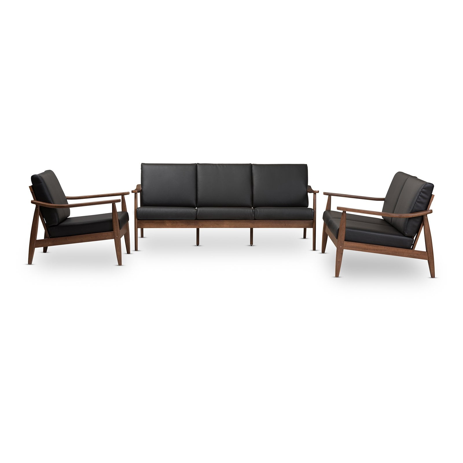 Baxton Studio Venza Mid-Century Modern Walnut Wood Black Faux Leather 3-Piece Livingroom Set