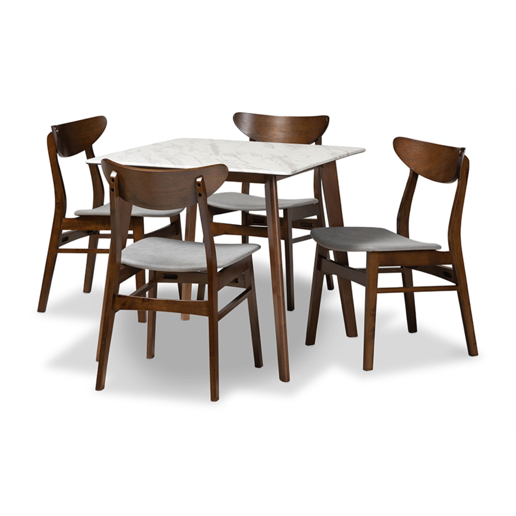 Baxton Studio Walnut Brown 5 Piece Dining Set with Faux Marble and Gray Seats