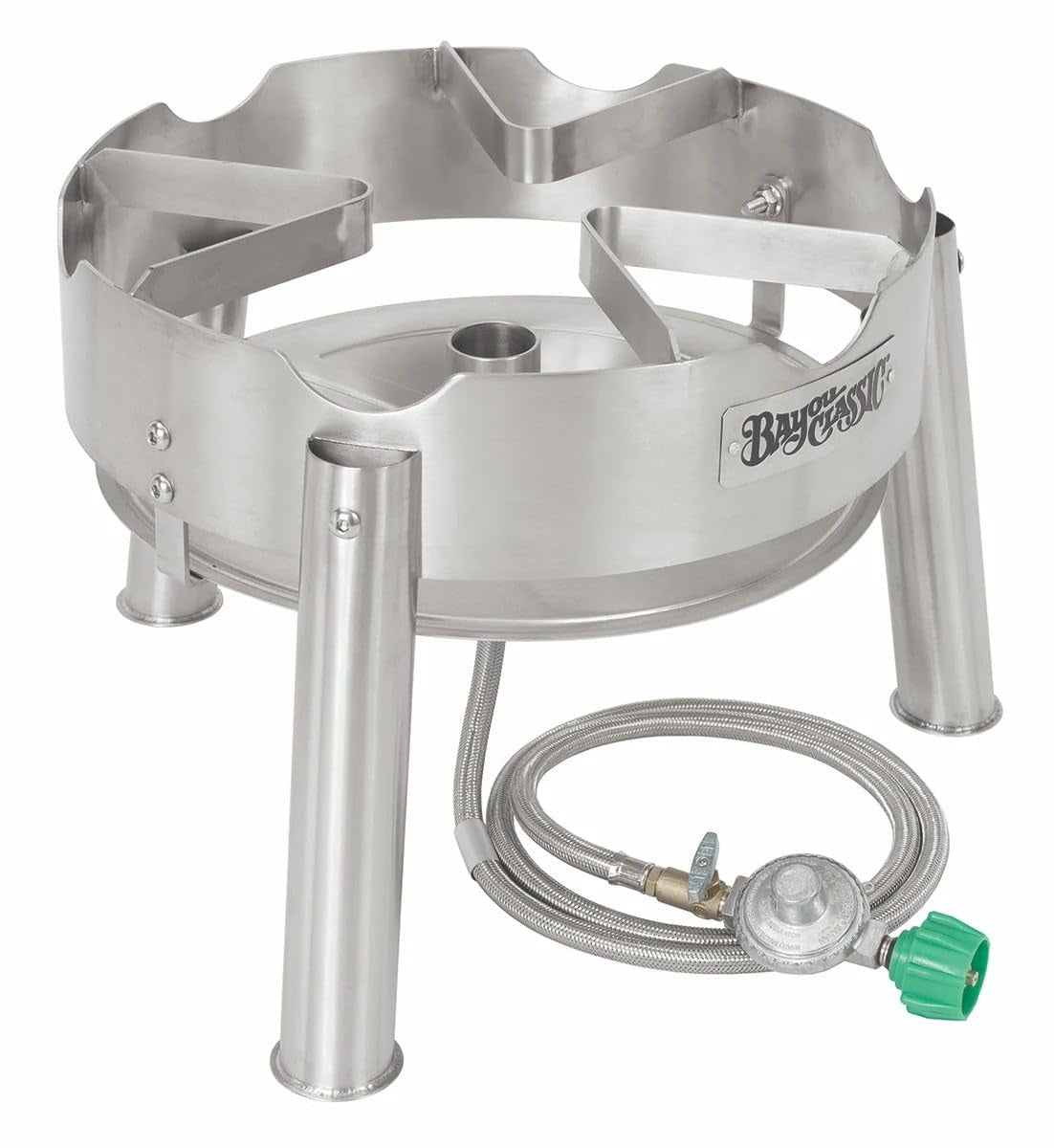 Bayou Classic SS1 16-in Stainless Single Jet Cooker Features 12.5-in Tall Welded Frame 10-psi Pre-Set Regulator w/ 60-in Stainless Braided Hose