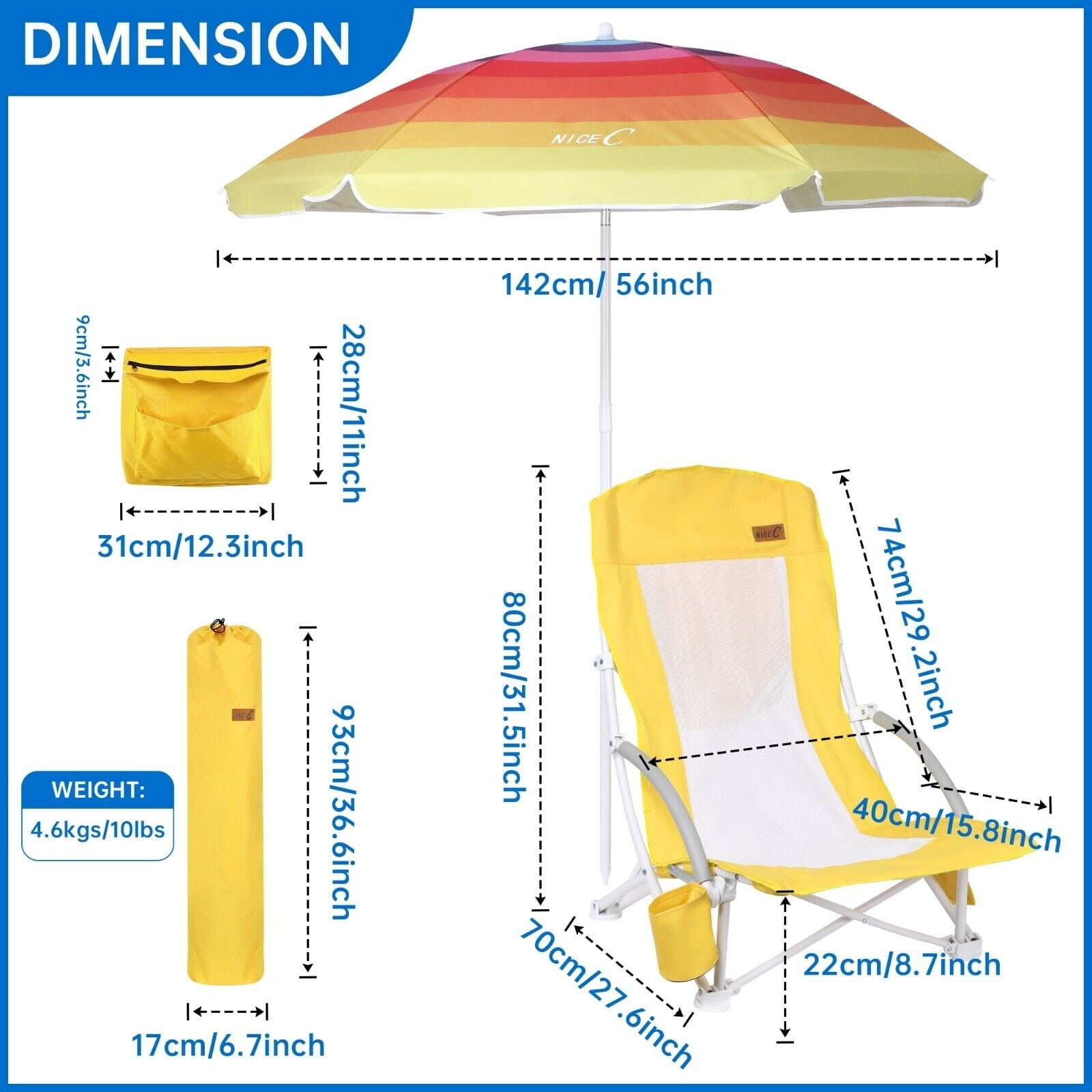 Nice C Beach Chair, Beach Chairs for Adults, w/Cooler&Umbrella, Compact High Back, Cup Holder & Carry Bag & Heavy Duty Outdoor, Camping, BBQ, Travel, Picnic (Set of 1 Yellow)
