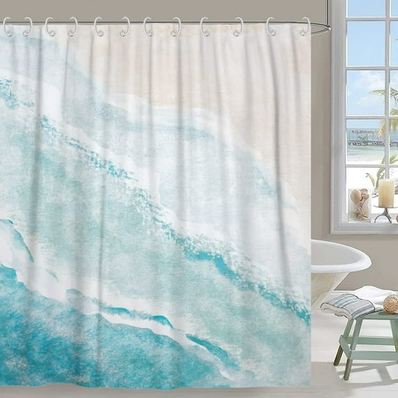 Beach Shower Curtain, Teal Blue Coastal Ocean Beach Theme Bathroom Curtain Waterproof Fabric Machine Washable with Hooks,72" Wx72 L