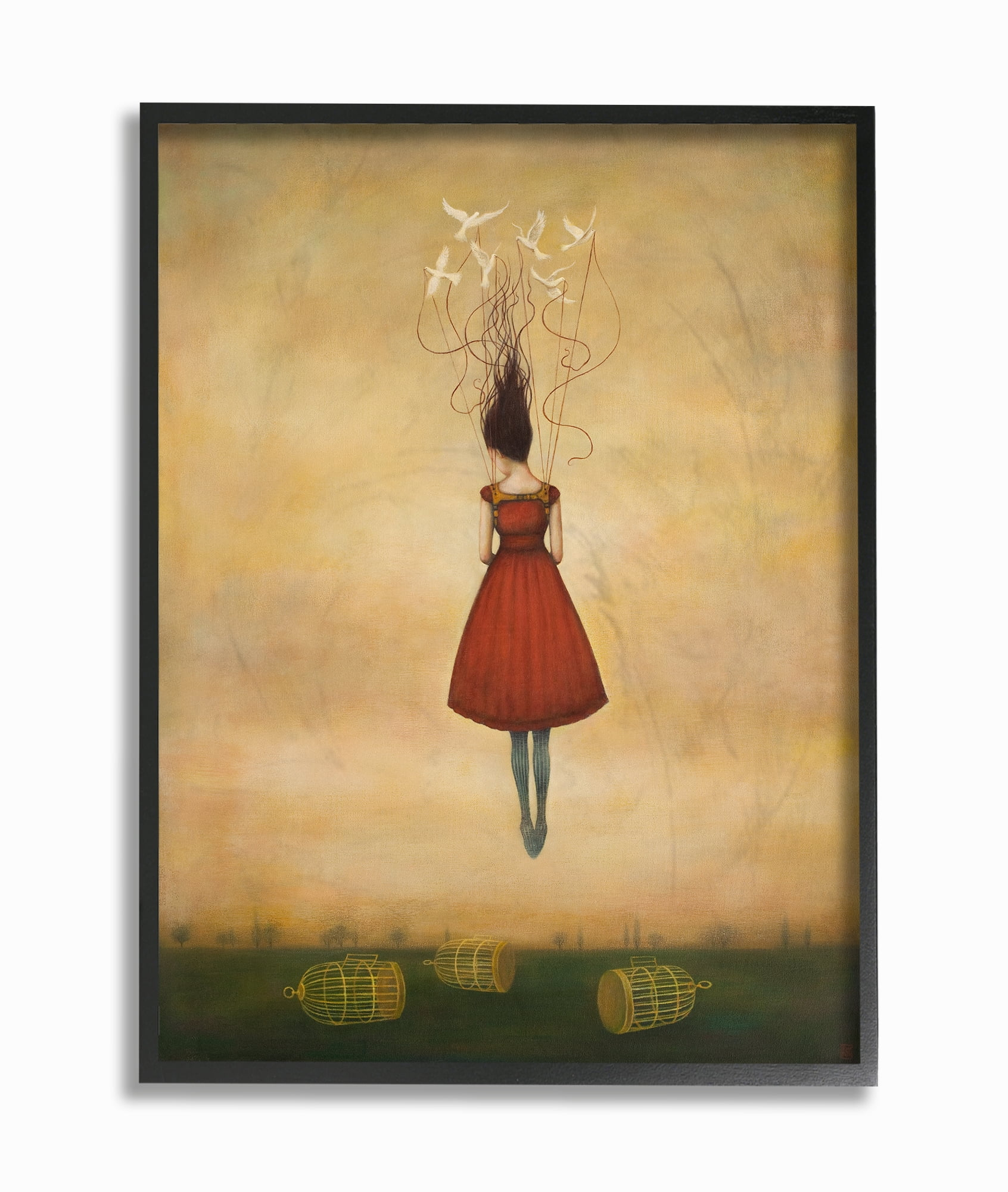 Beauty and Birds in Her Hair Woman in Red Dress Flying Away Framed Texturized Art