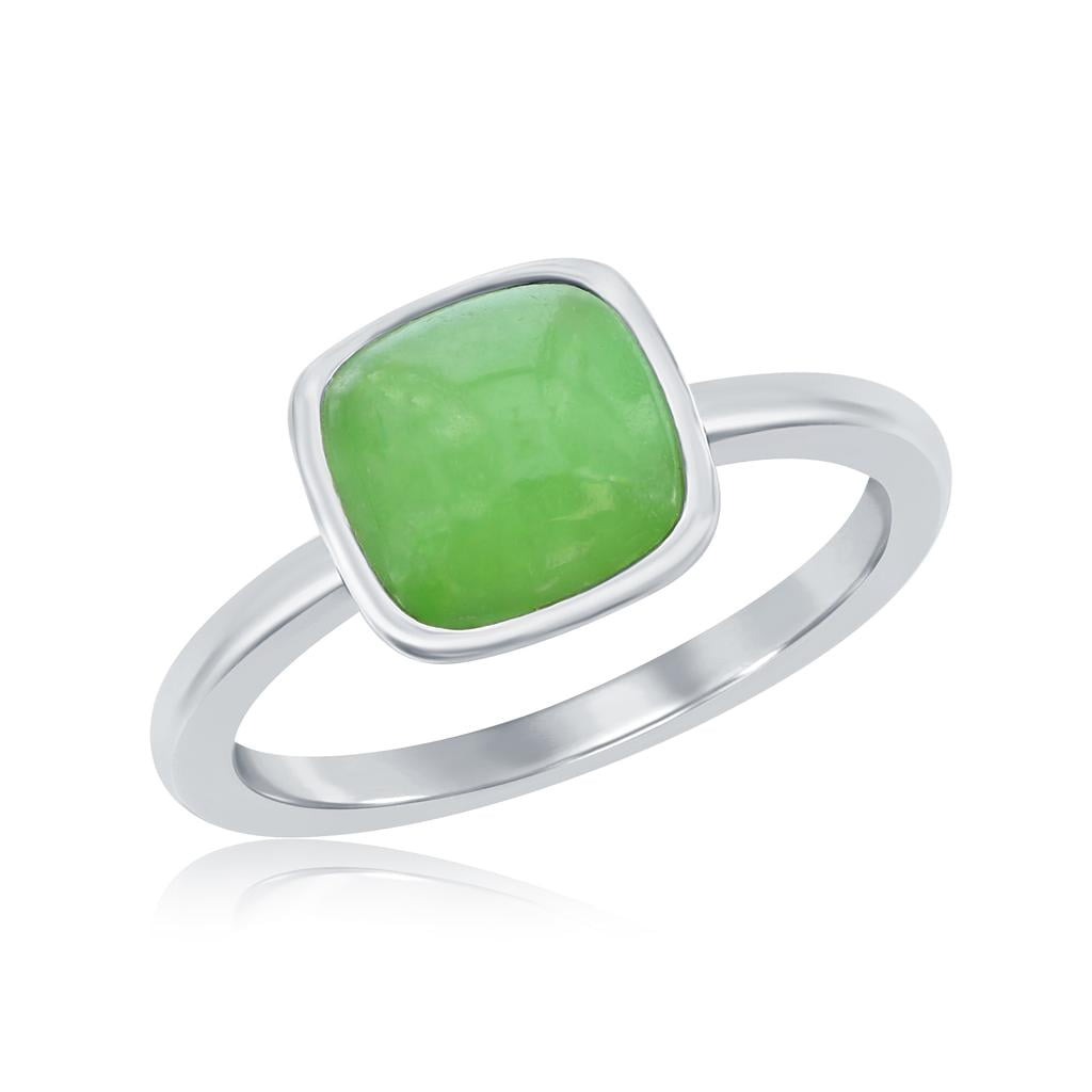 Beaux Bijoux 8mm Cushion-Cut Natural Jade Stone Solitaire Ring Sterling Silver Jewelry for Women or Teens- size (7)