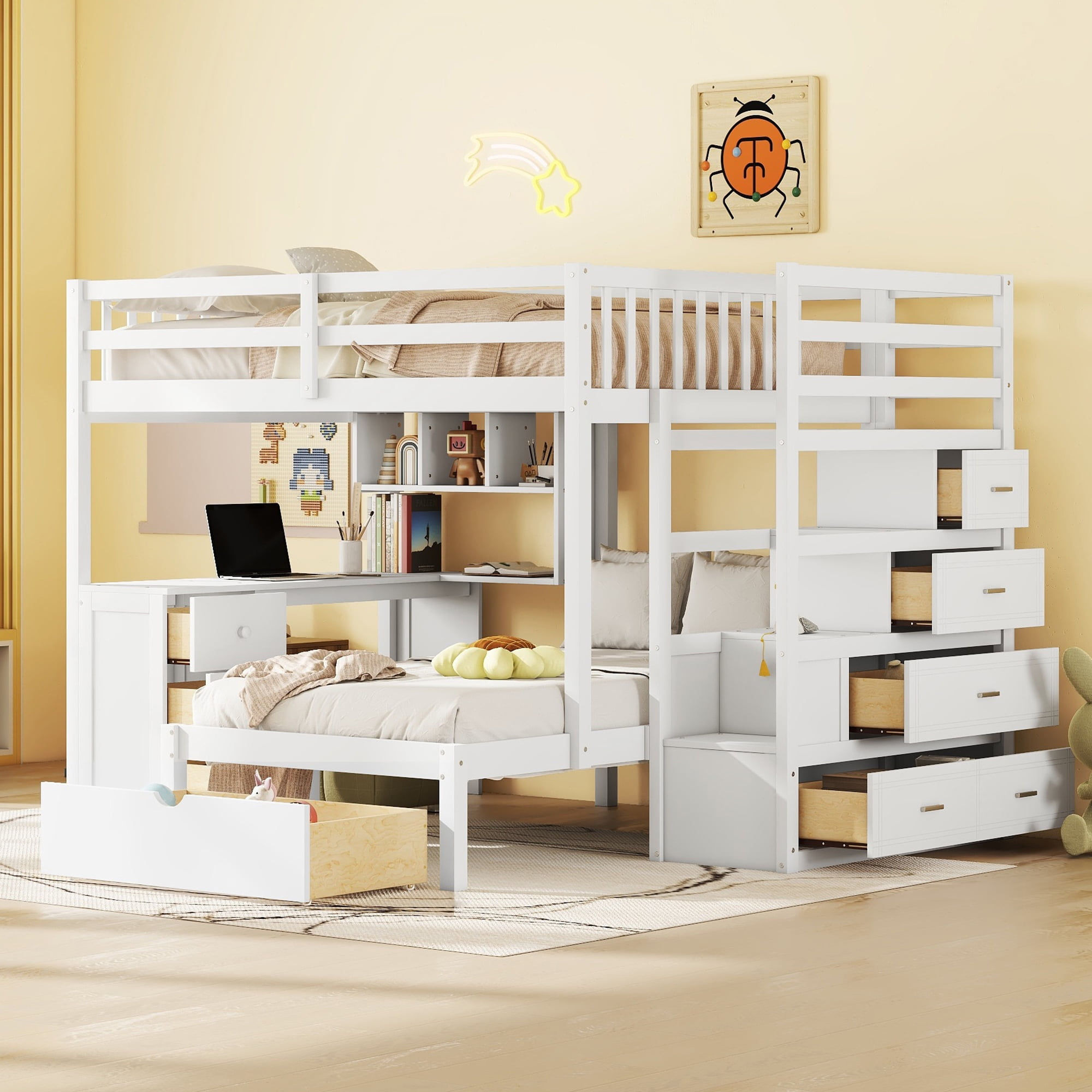 Harper & Bright Designs Full Over Twin Bunk Bed with Stairs, Storage Drawers, Full Size Loft Bed Frame with Desk and Shelves, White