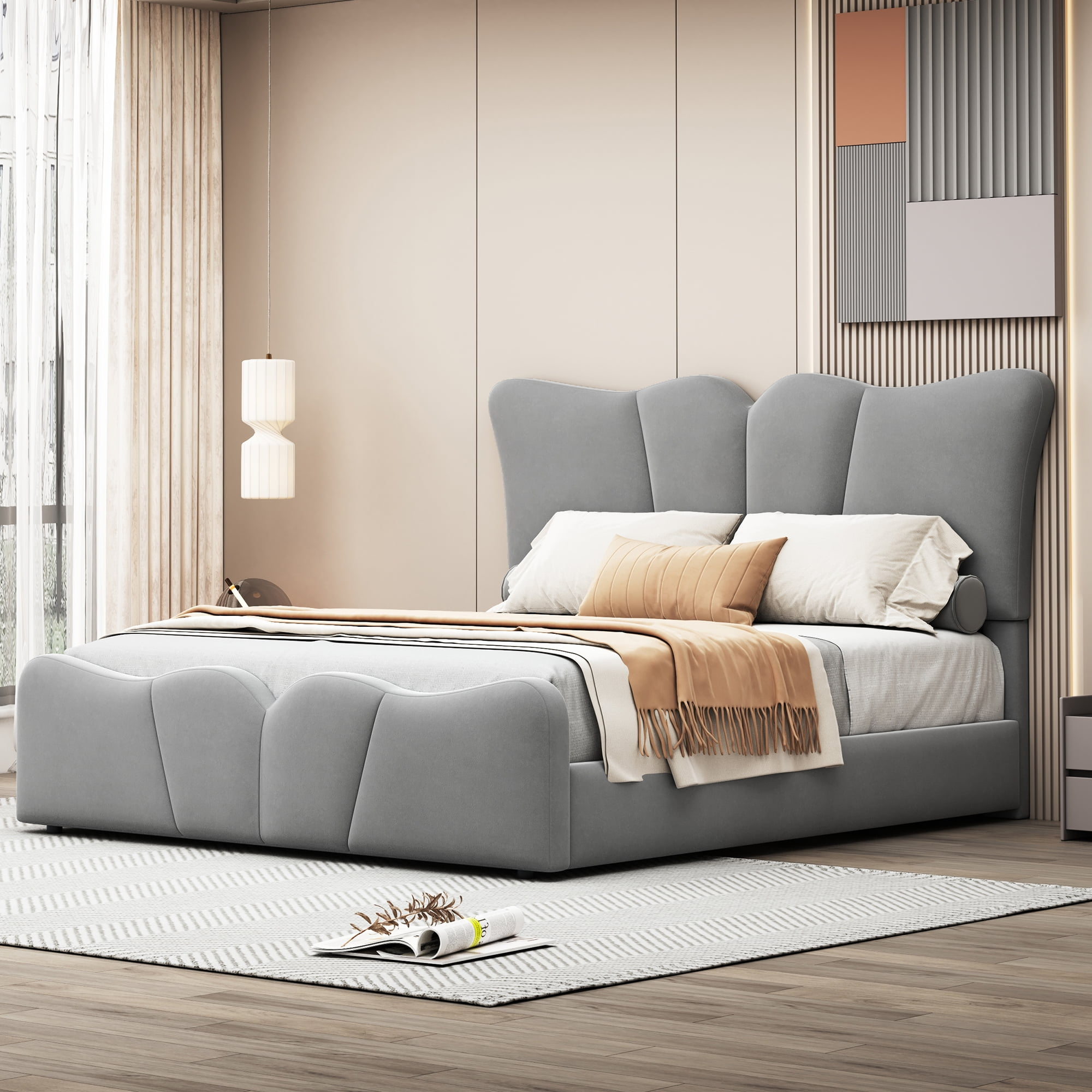 Full Size Gray Velvet Upholstered Platform Bed with Headboard