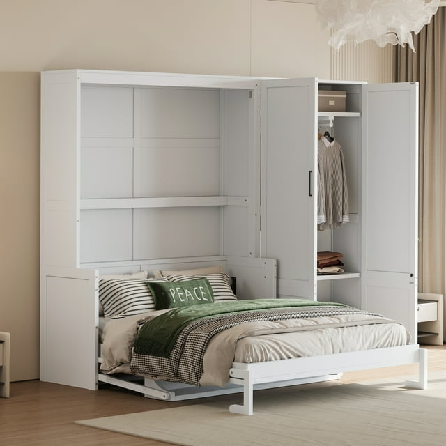 Murphy Bed with Closet and Wardrobe, Versatile Wall Bed, Foldable Murphy Cabinet, Queen Size, White