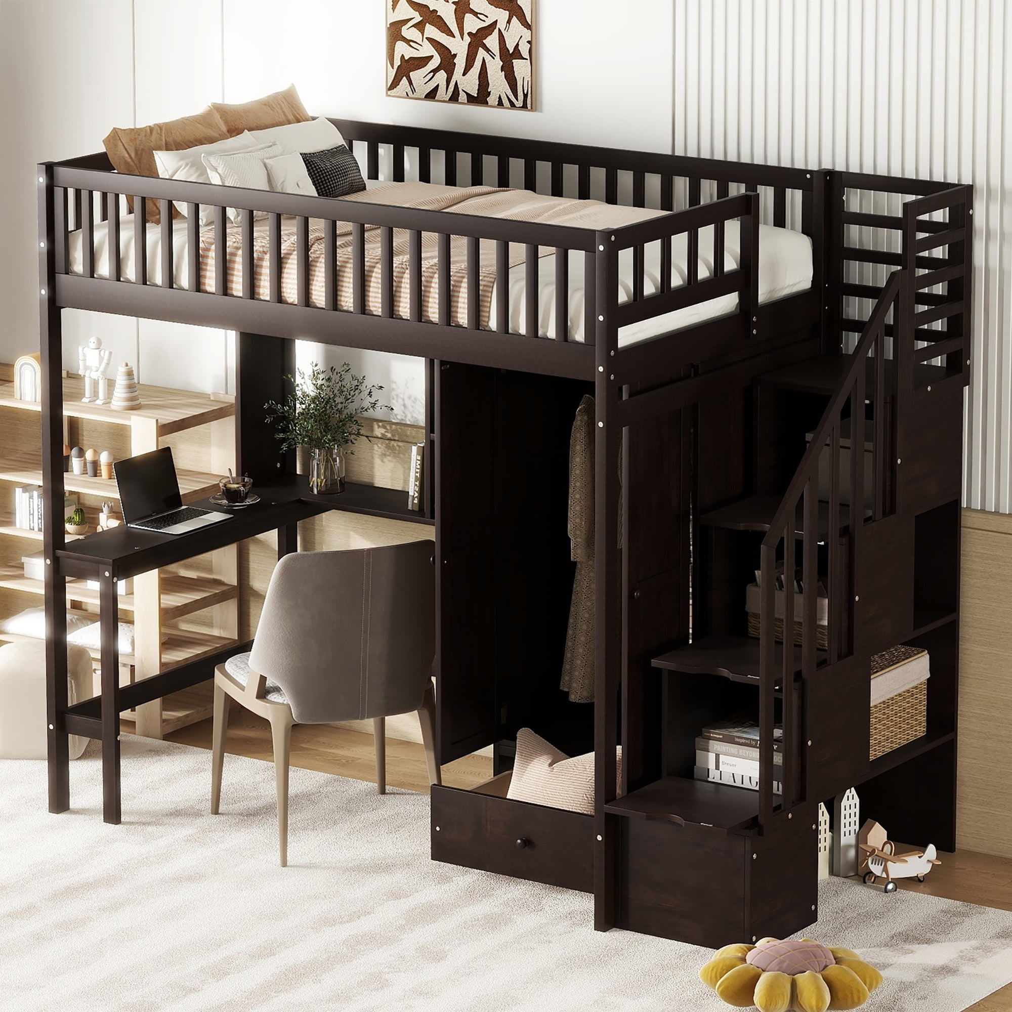 Espresso Twin Loft Bed with Storage, Desk, and Pine Frame