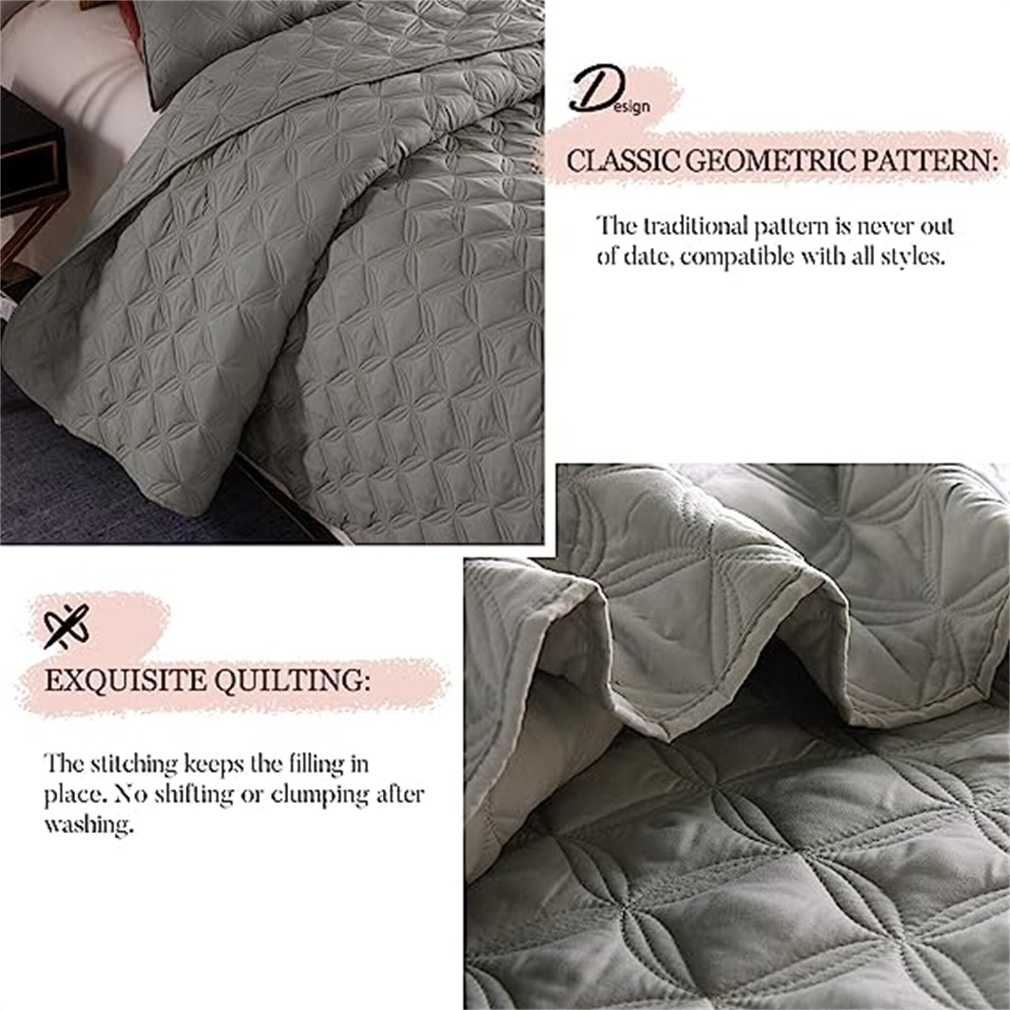 Exclusivo Mezcla Queen Quilt Bedding Set, Lightweight Soft Light Grey Queen Bedspreads Coverlets with Geometric Stitched Pattern