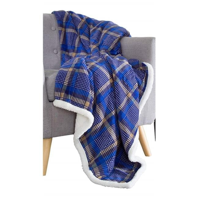 Bedford Home 61A-01645 Fleece Sherpa Blanket Throw - Plaid Blue & Yellow