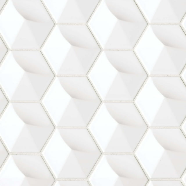 Bedrosians Hedron Gloss Ceramic 3D Hexagon Tile 4" x 5", White (36-Pack, 3.87 SF)